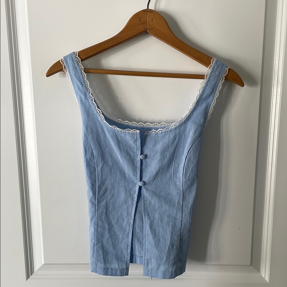 Blue Sleeveless Top with Lace Trim